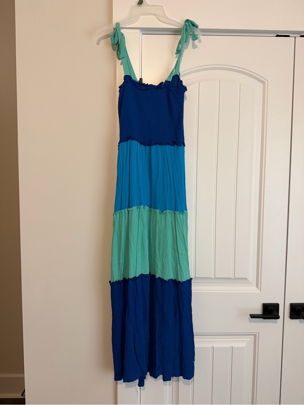 bebe Blue and Teal Tiered Maxi Dress
